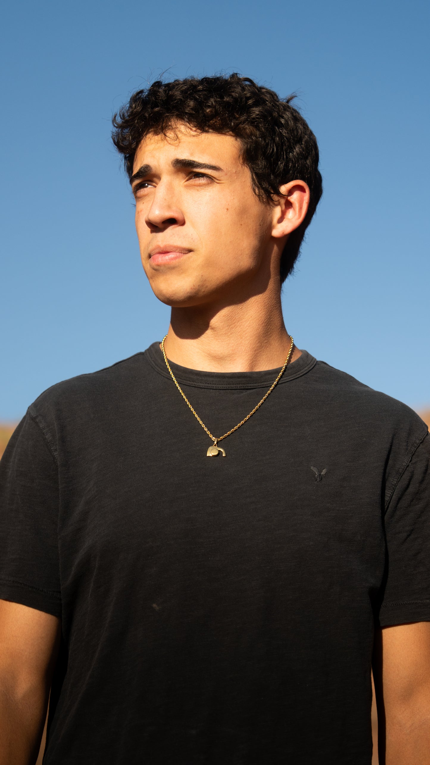 Man wearing a black t-shirt and gold empty tomb necklace against a clear blue sky